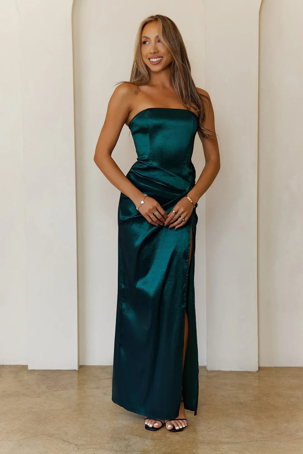 Soulmate Magic Strapless Satin Maxi Dress Green