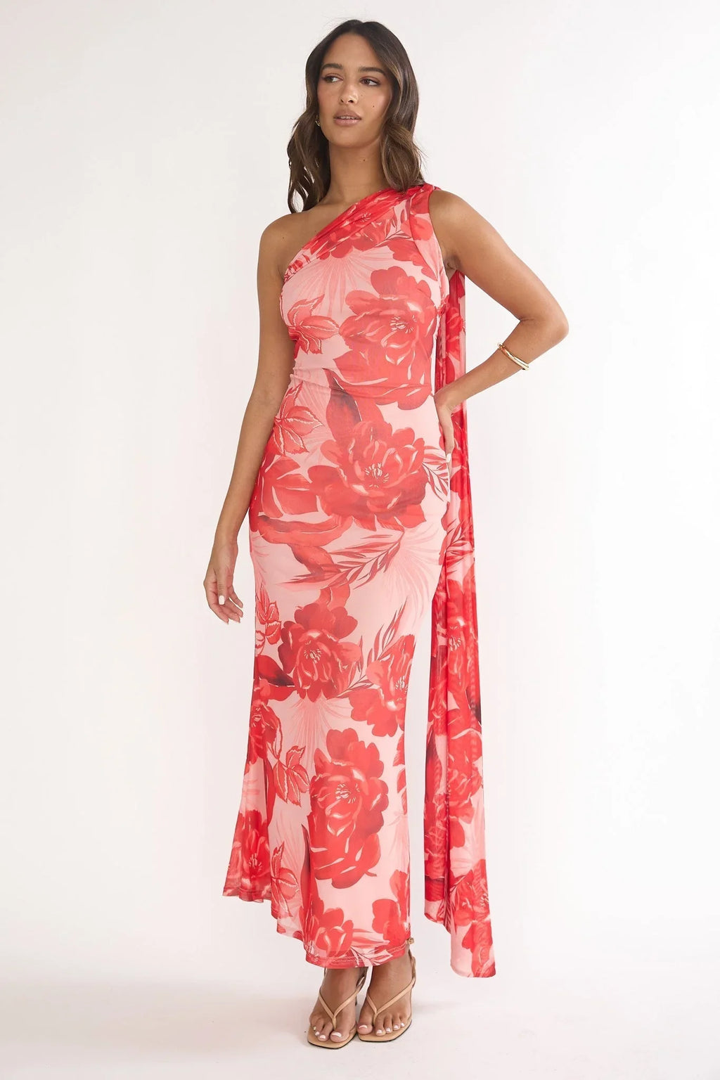 Ilyse Scarf One Shoulder Maxi Dress Floral Red