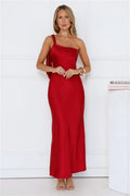 Romantic Tales Satin One Shoulder Maxi Dress Red