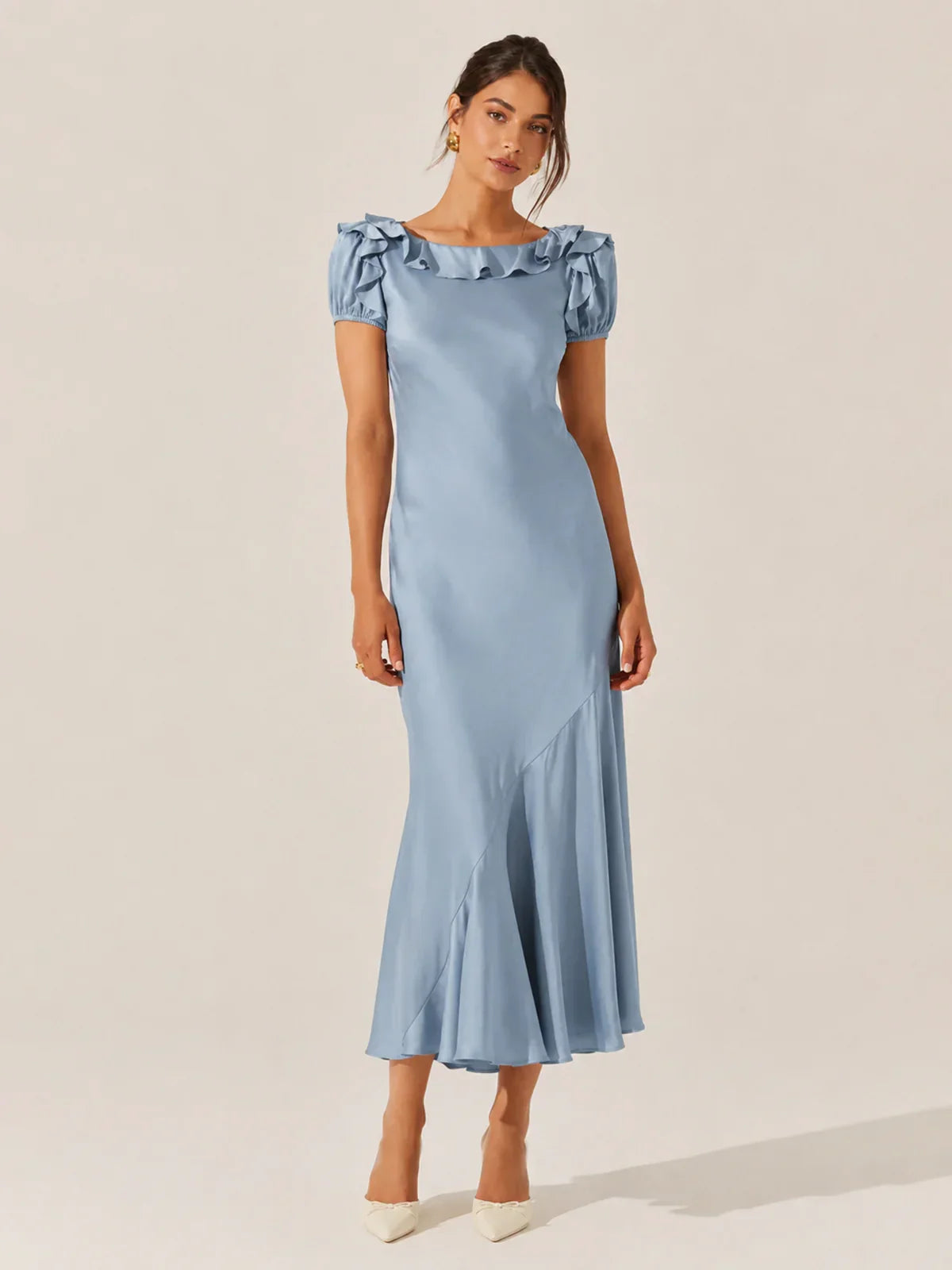 Auden Satin Ruffle Midi Dress