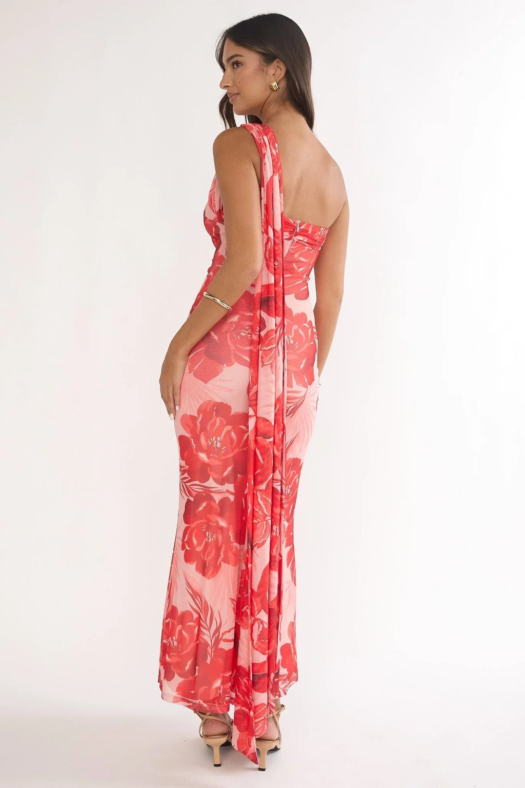 Ilyse Scarf One Shoulder Maxi Dress Floral Red