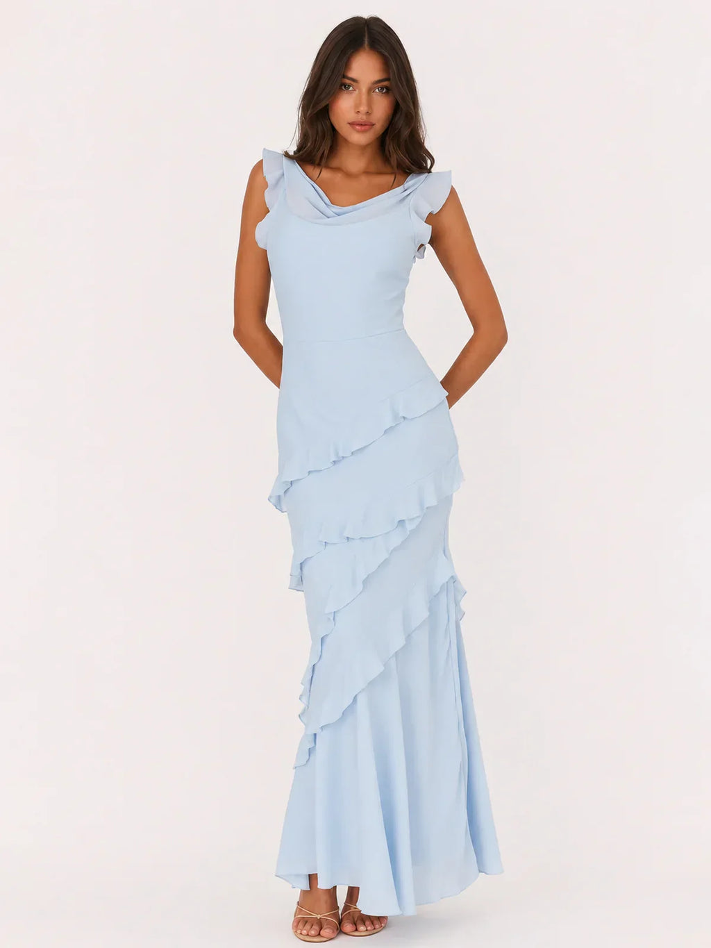 Sangria Cowl Neck Frill Maxi Dress Blue