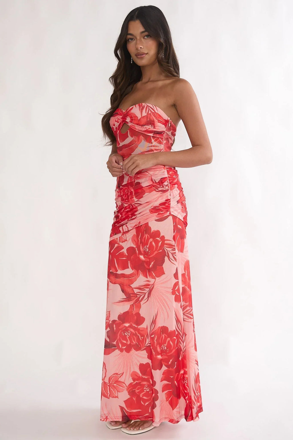 Kallira Ruched Maxi Dress Floral Red