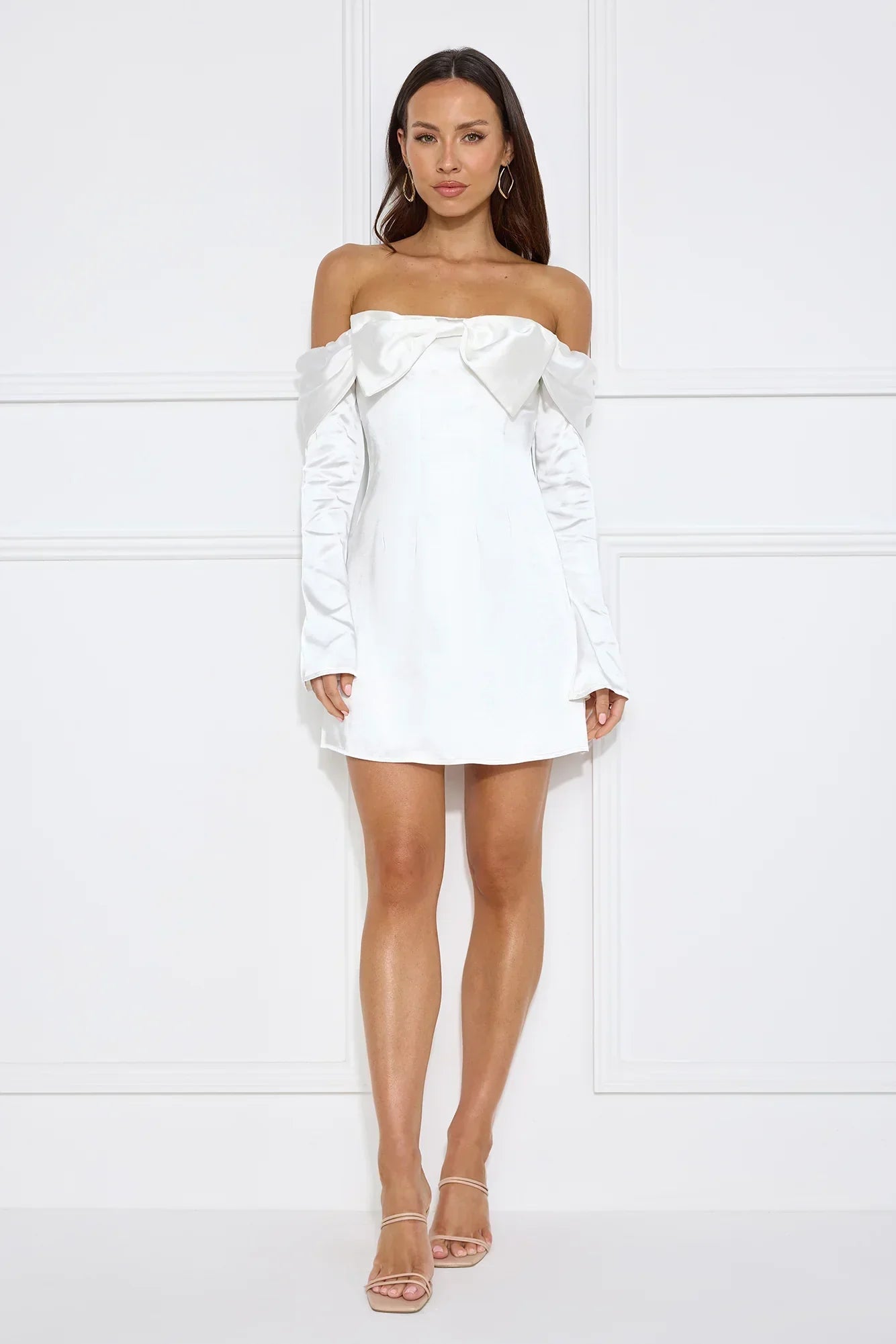 Delicacy Bow Satin Off Shoulder Mini Dress White