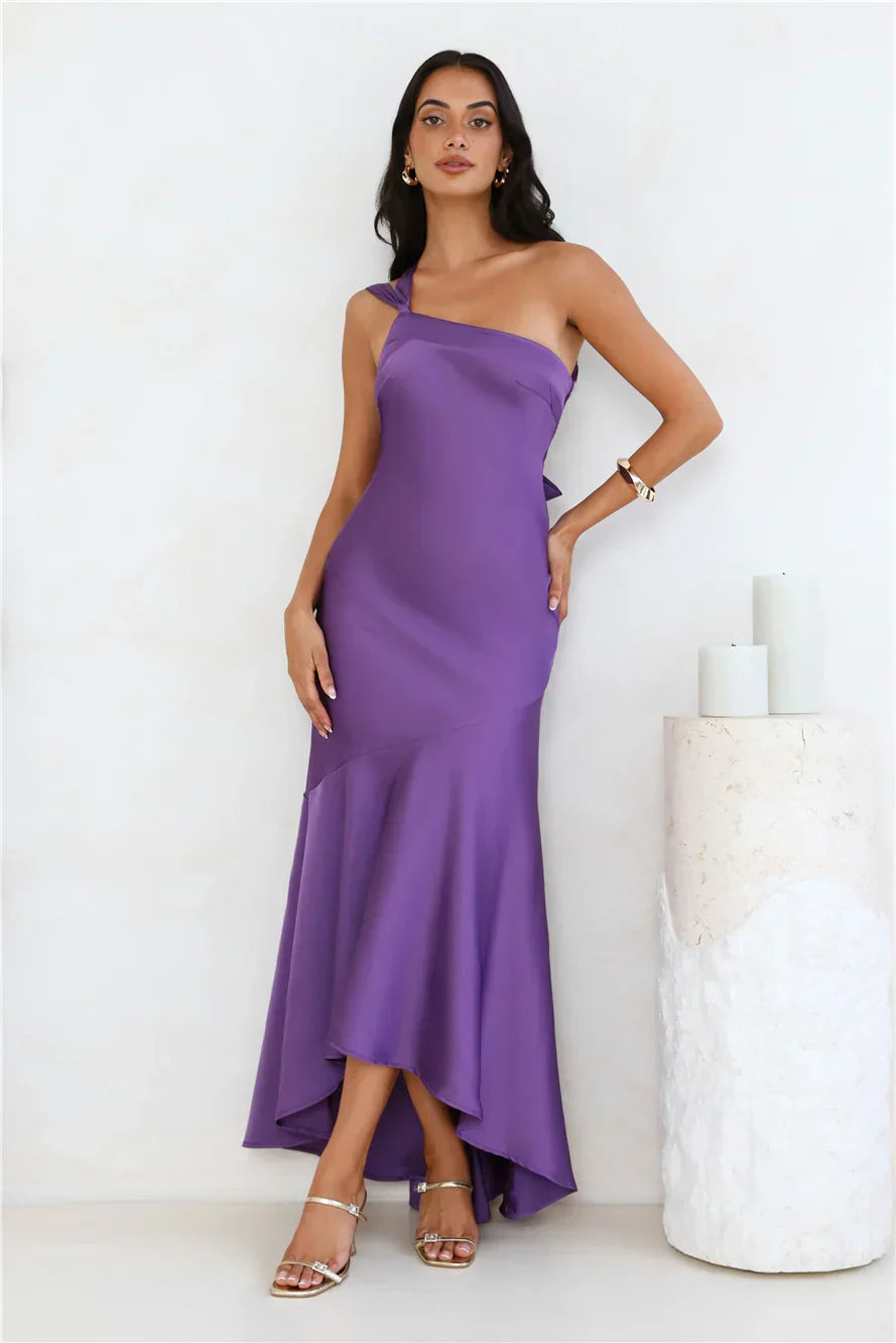 Romantic Affair Satin One Shoulder Maxi Dress Purple