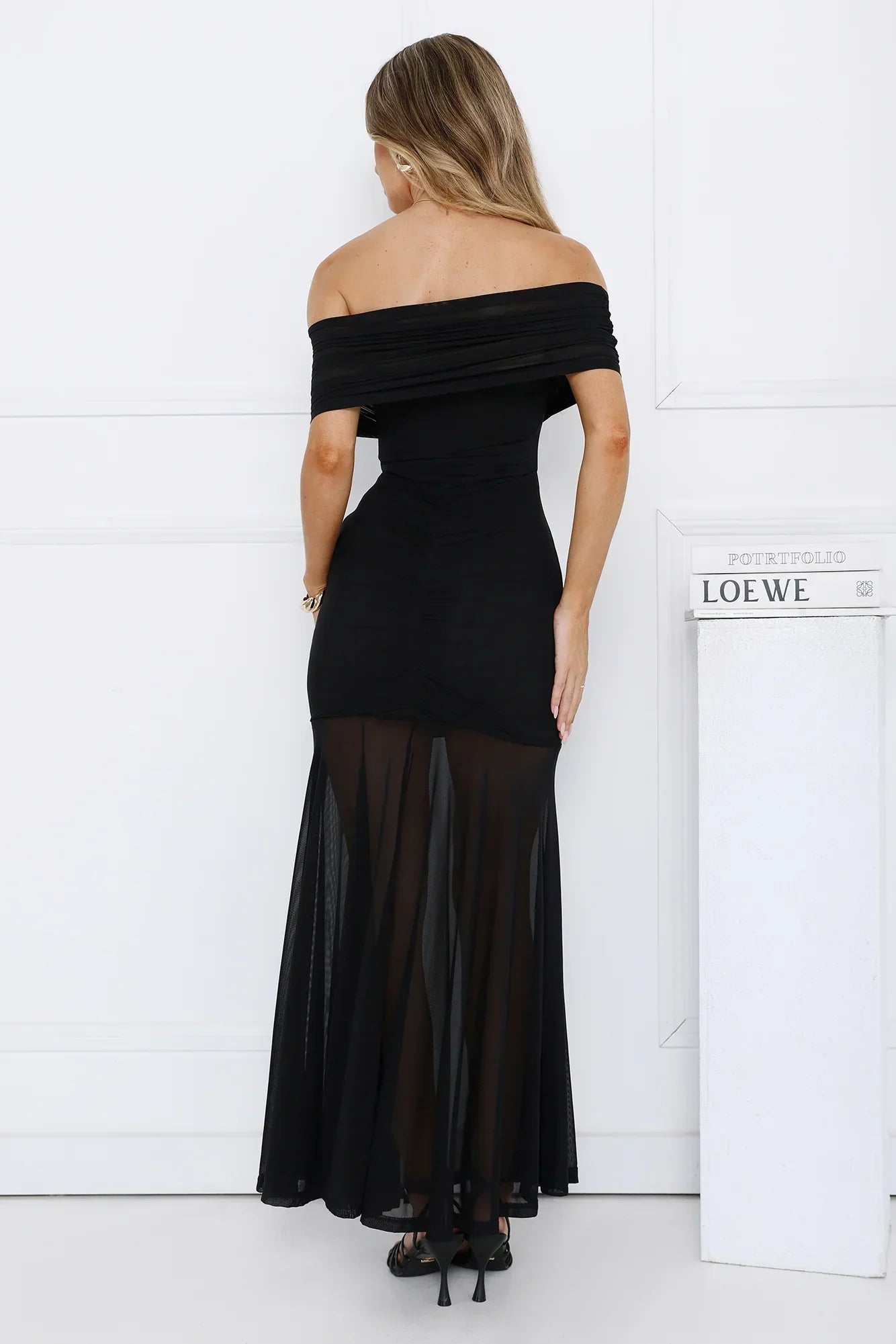 Lumière Off Shoulder Mesh Maxi Dress Black