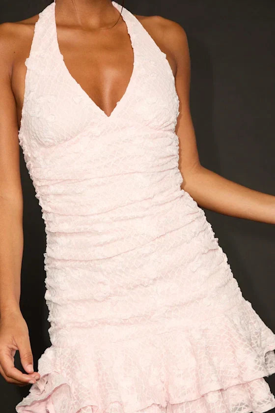 Dominique Blush Pink Lace Ruched Halter Mini Dress