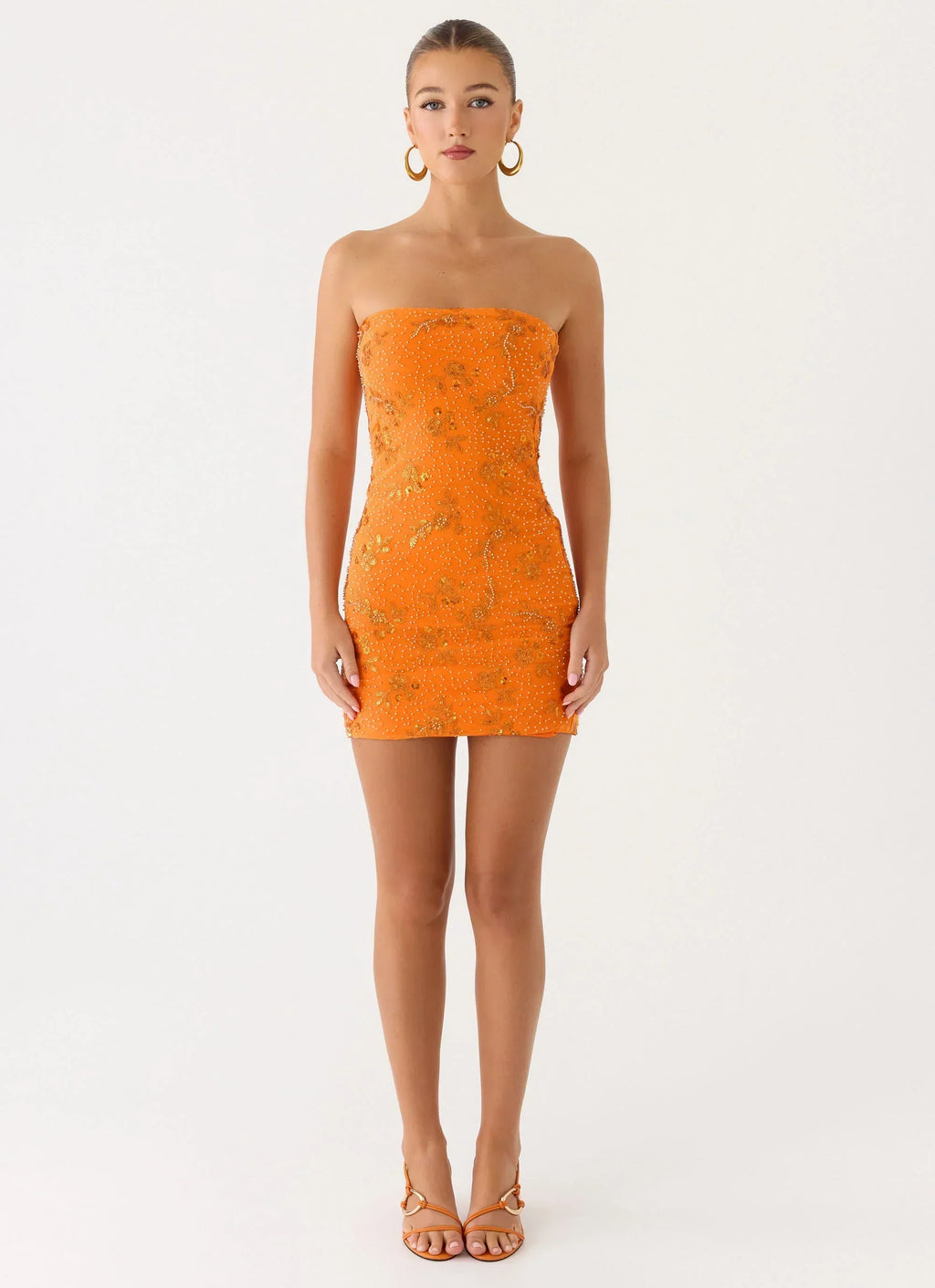 Push Back Beaded Sequin Mini Dress - Orange