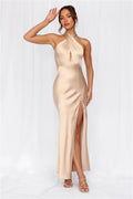 The Adeline Halter Satin Maxi Dress Champagne