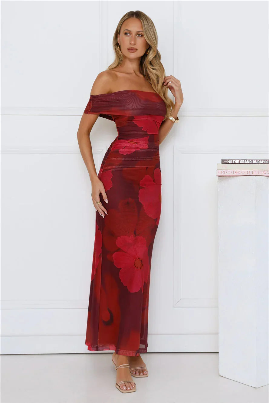 Mischief Glow Off Shoulder Mesh Maxi Dress Purple
