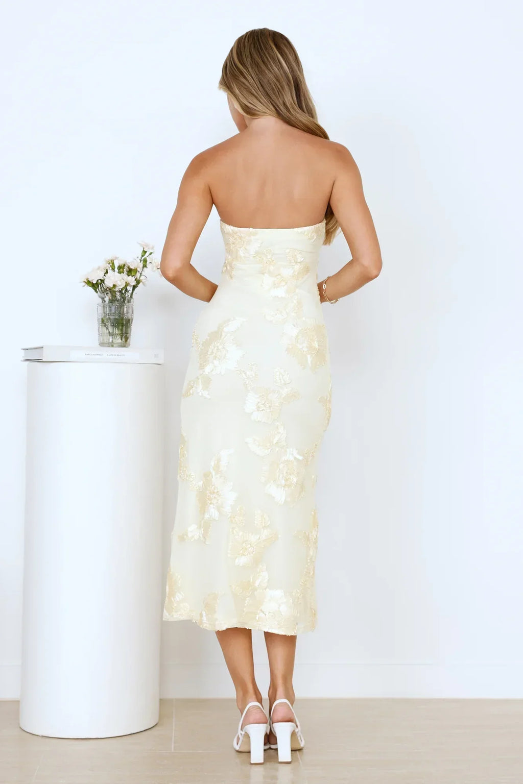 Magic Haze Strapless Mesh Midi Dress Yellow