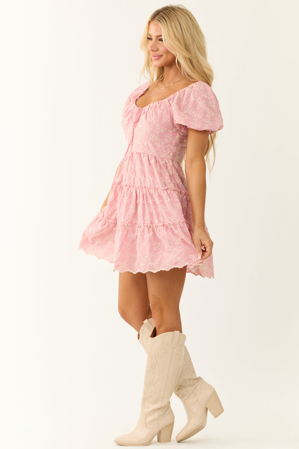 Baby Pink Floral Eyelet Puff Sleeve Tiered Mini Dress