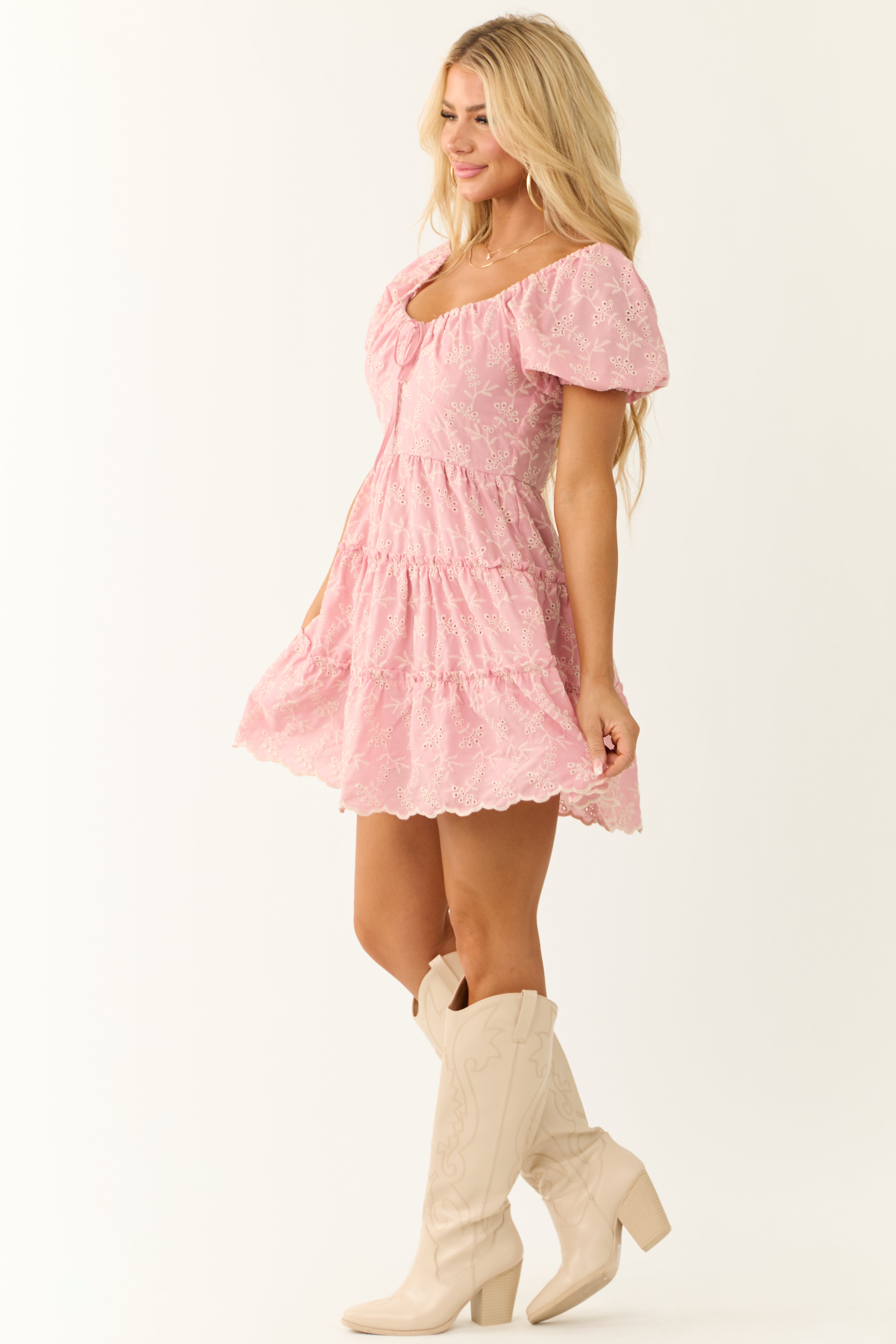 Baby Pink Floral Eyelet Puff Sleeve Tiered Mini Dress