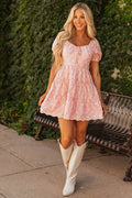 Baby Pink Floral Eyelet Puff Sleeve Tiered Mini Dress