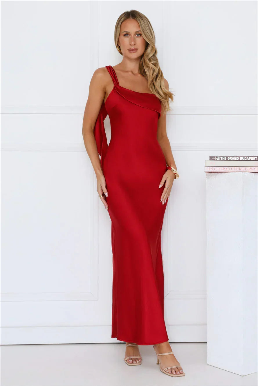Romantic Tales Satin One Shoulder Maxi Dress Red