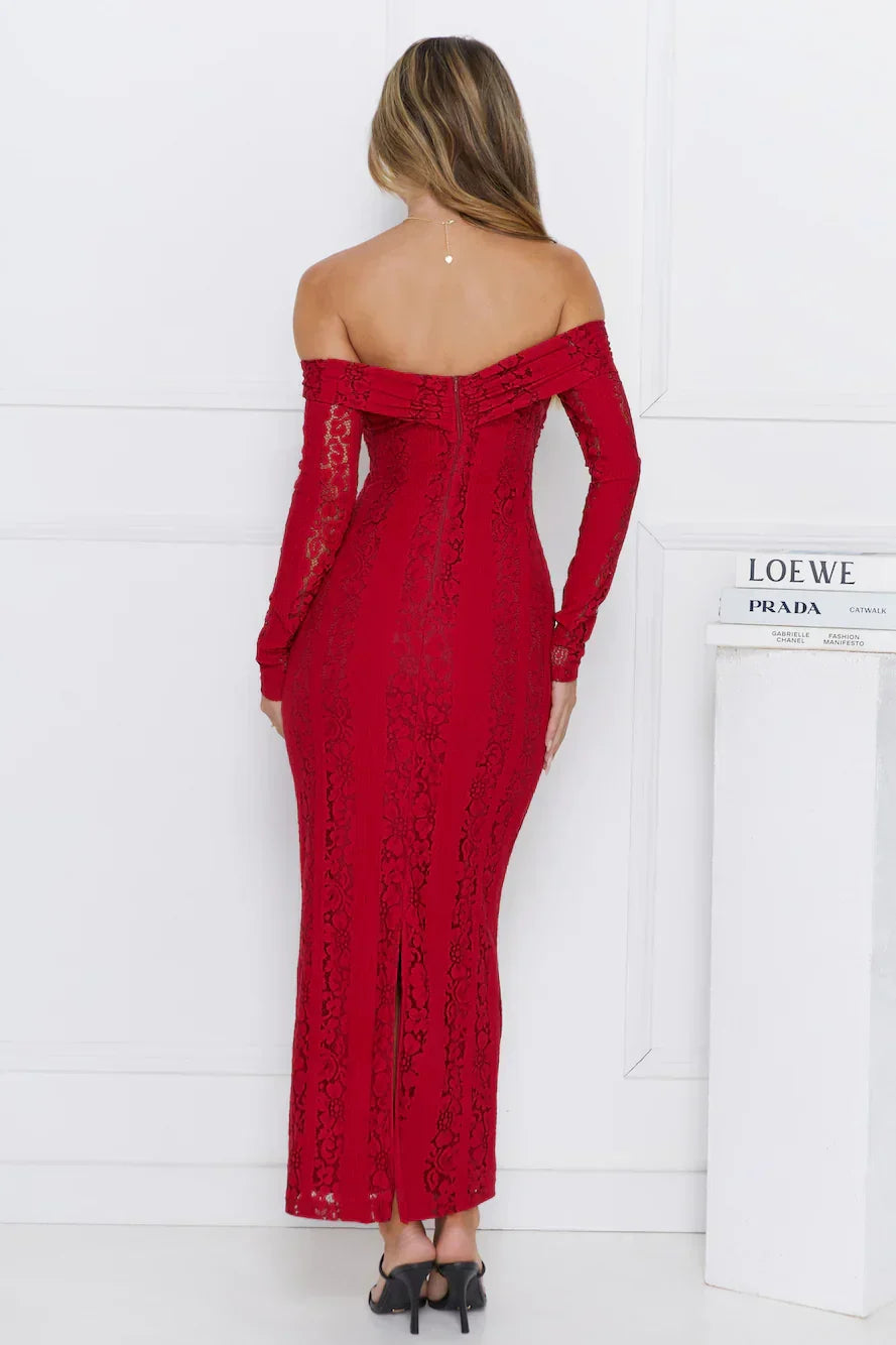 Pure Happiness Off Shoulder Lace Maxi Dress Burgundy