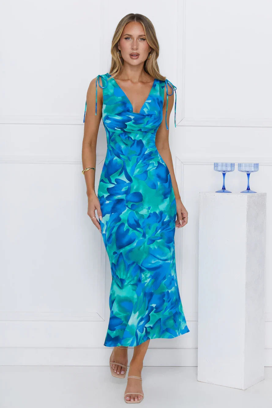Saltwater Escape Satin Maxi Dress Blue