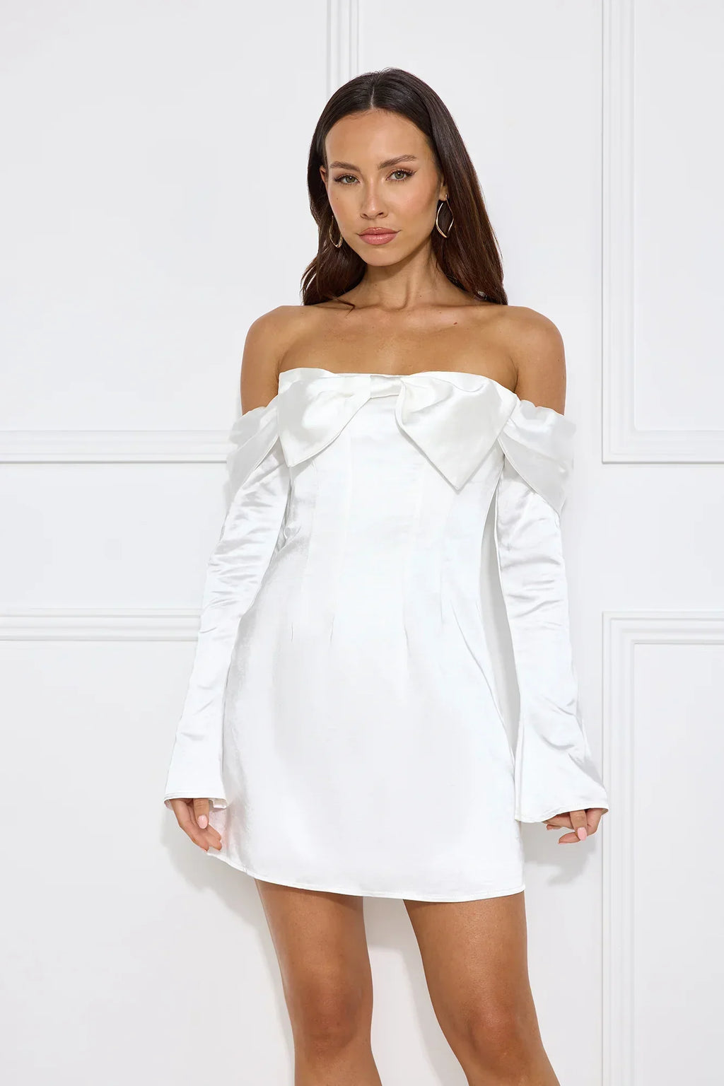 Delicacy Bow Satin Off Shoulder Mini Dress White
