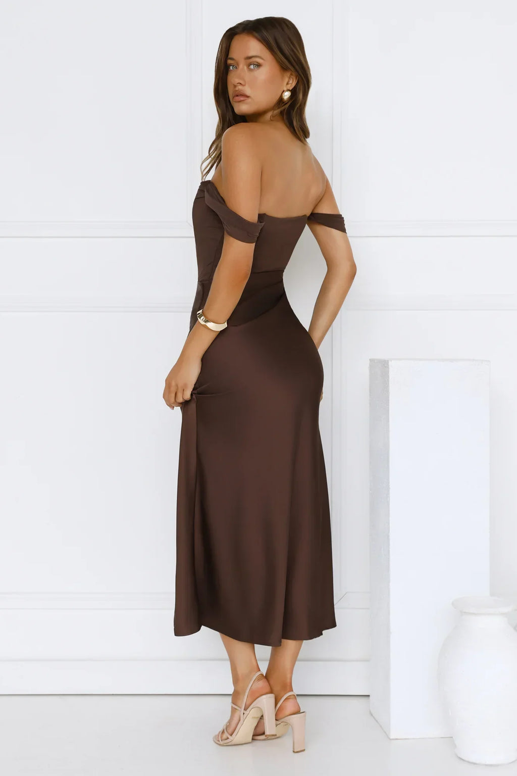Evening Muse Off Shoulder Mesh Maxi Dress Brown