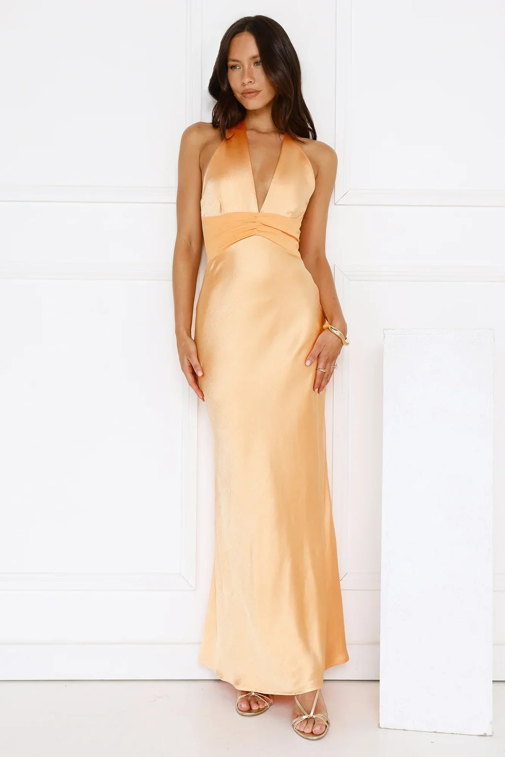 Spiced Sunset Satin Halter Maxi Dress Orange