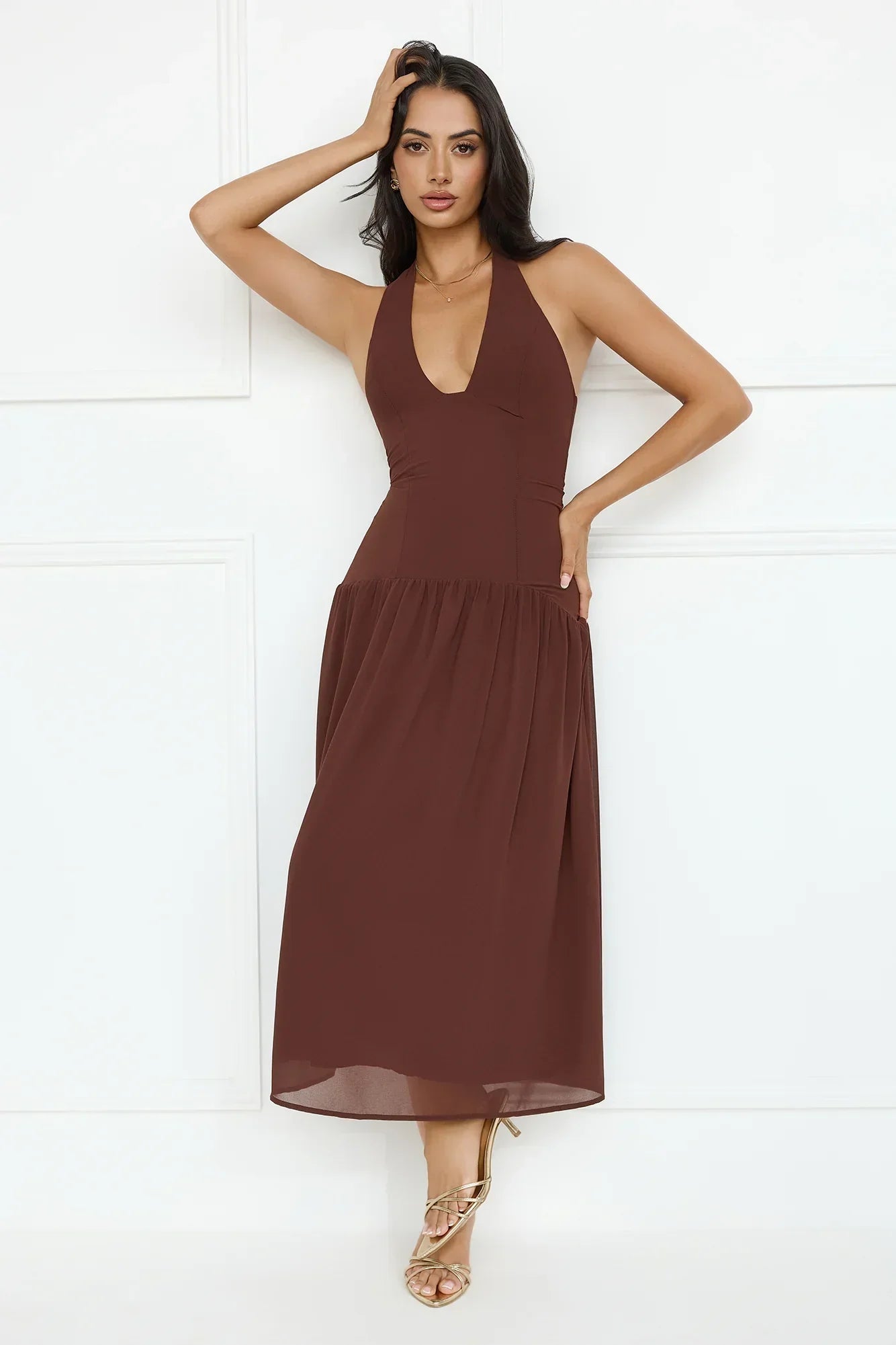 Sassy Style Halter Midi Dress Brown