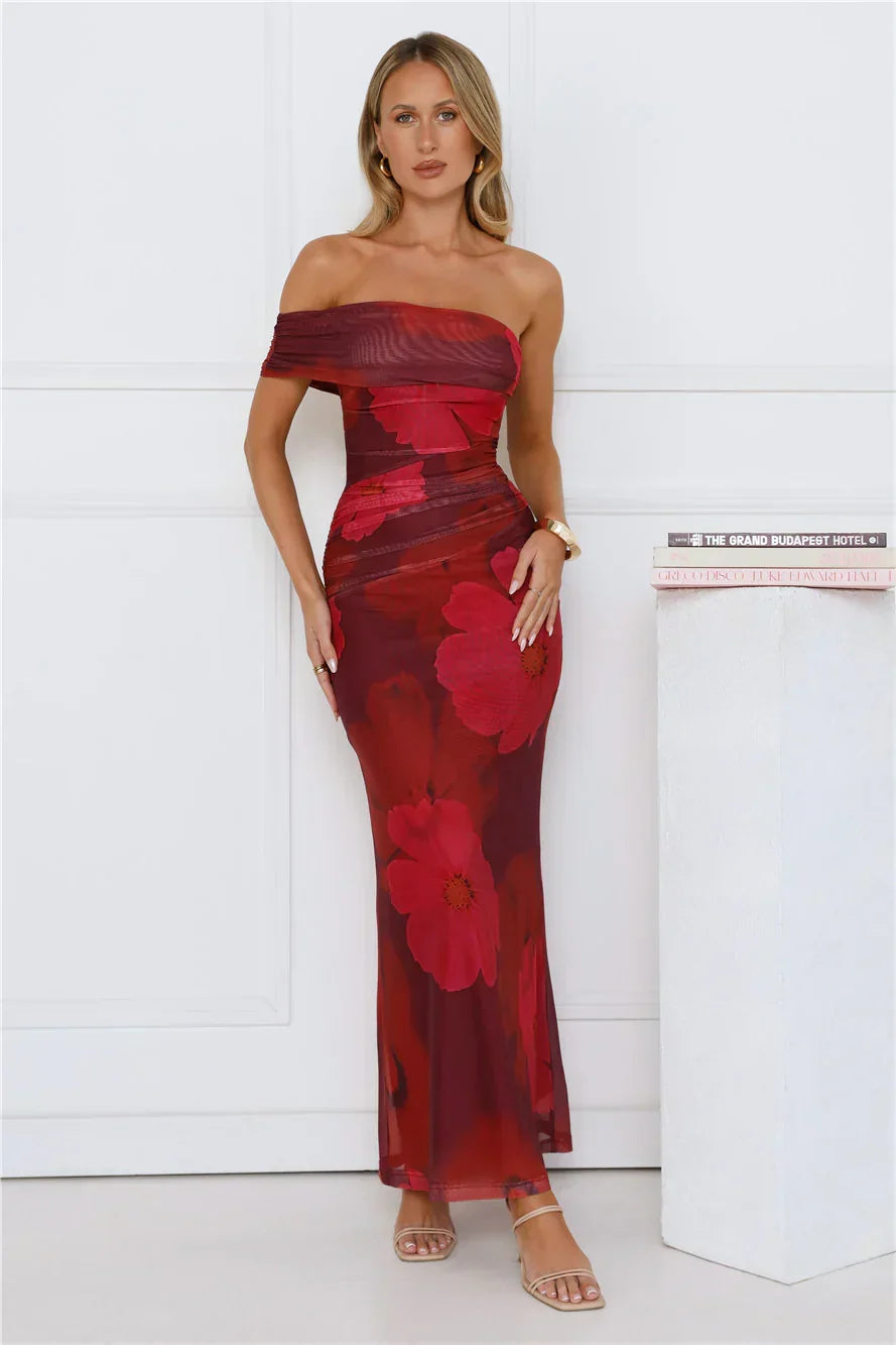 Mischief Glow Off Shoulder Mesh Maxi Dress Purple