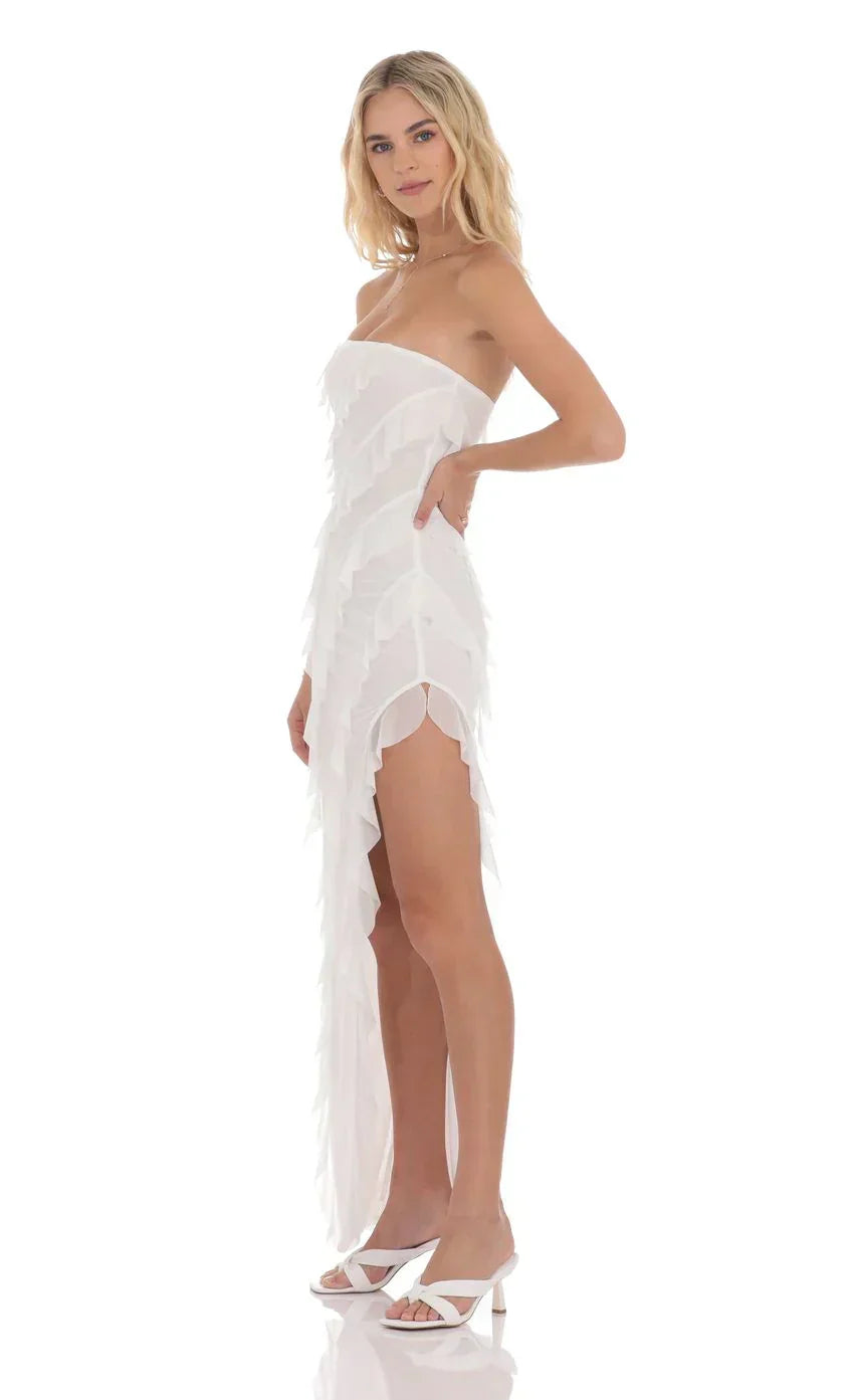 Cloud Nine Mesh Ruffle Strapless Maxi Dress