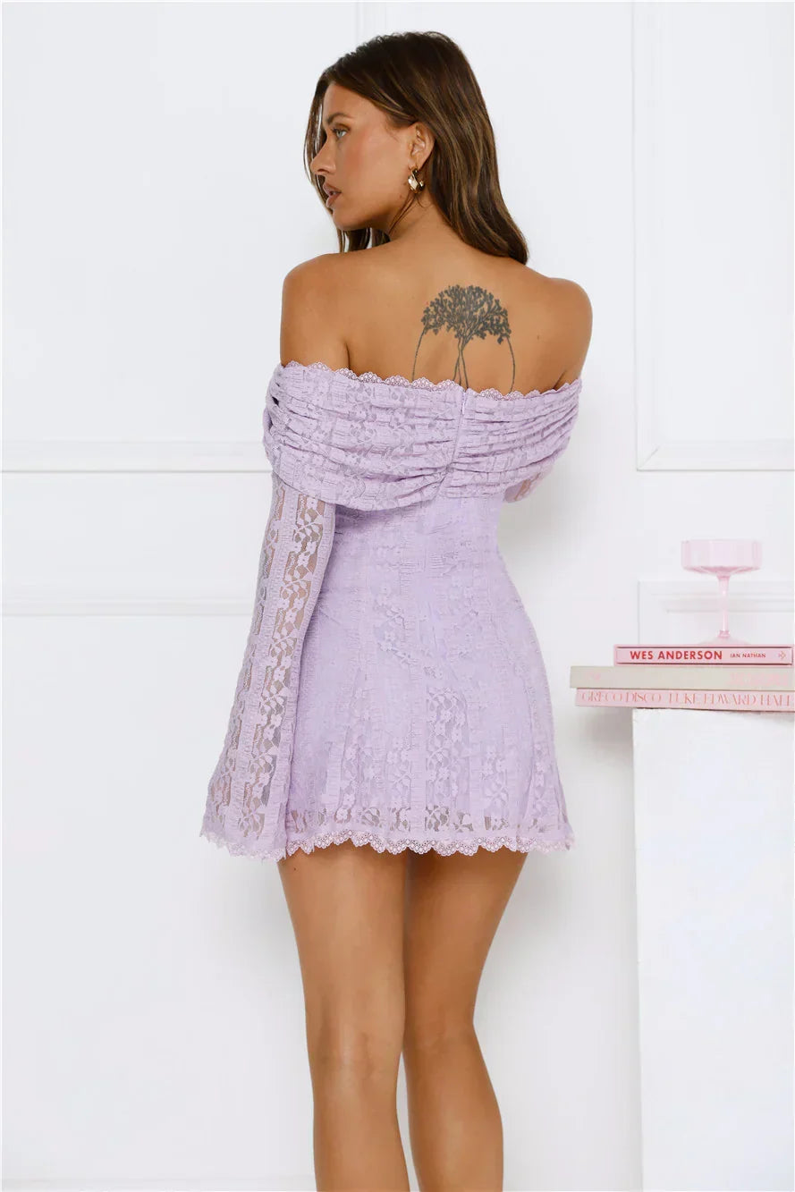Starlit Dreams Lace Off Shoulder Mini Dress Lilac