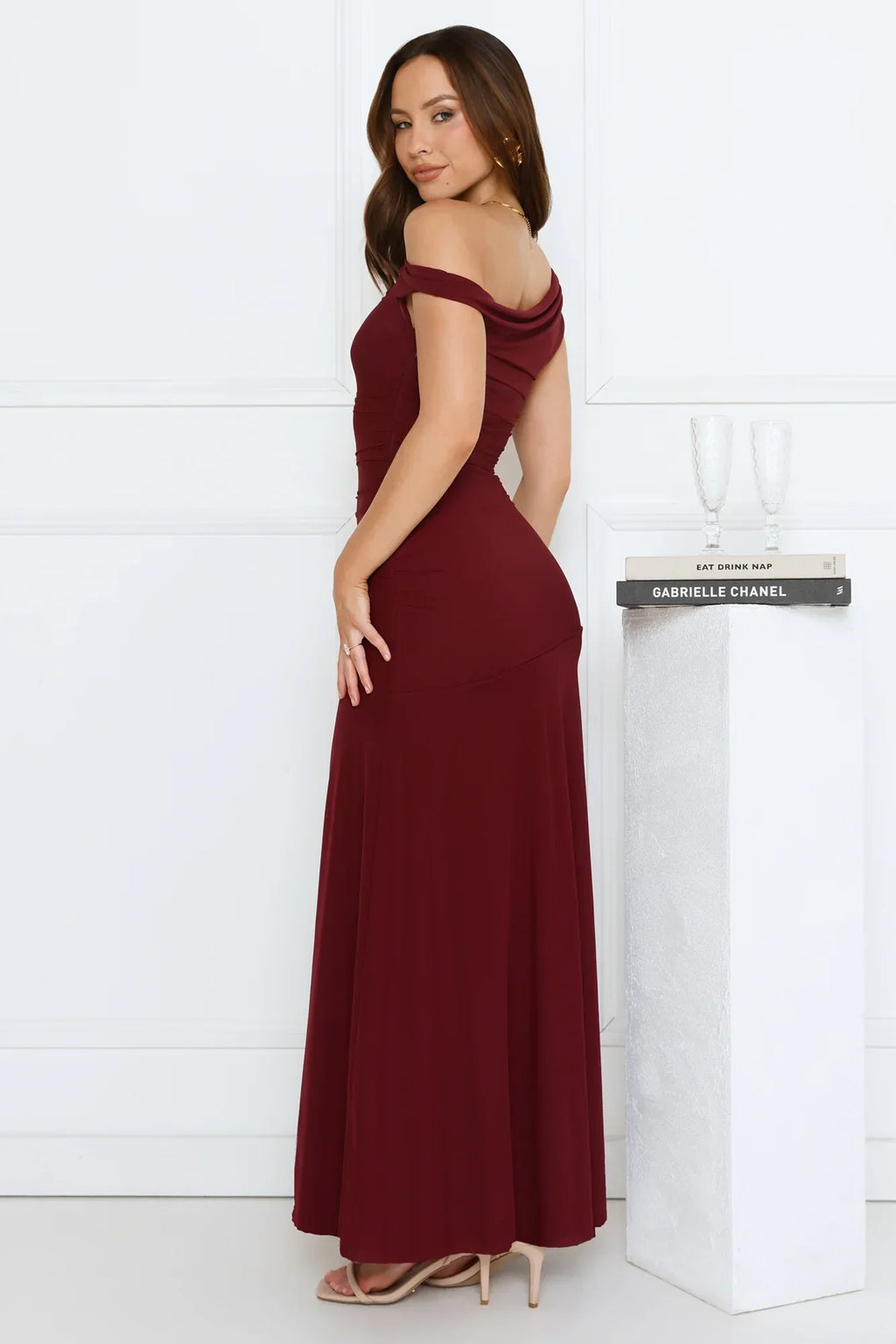Dusk Noir Off Shoulder Maxi Dress Wine