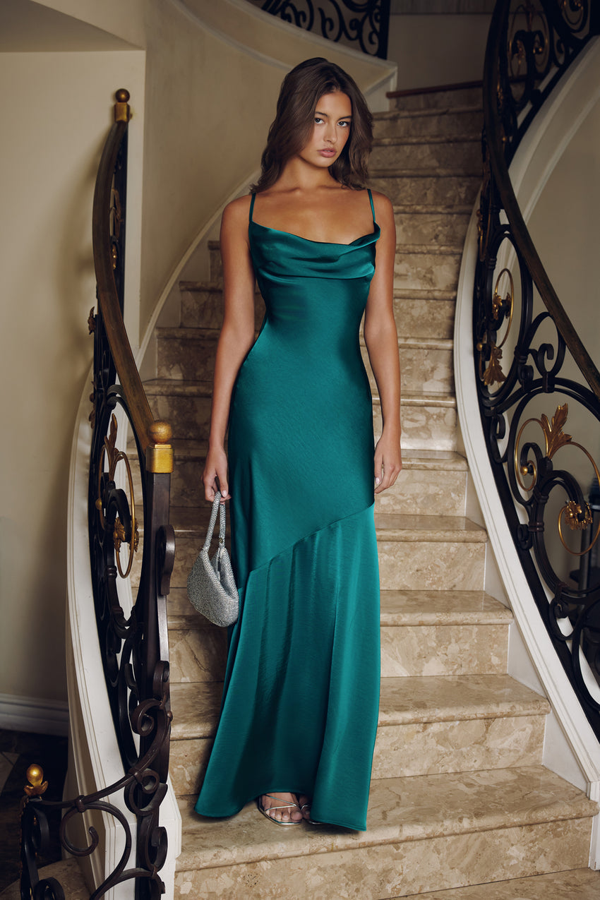 Brilliant Belle Satin Maxi Dress Green