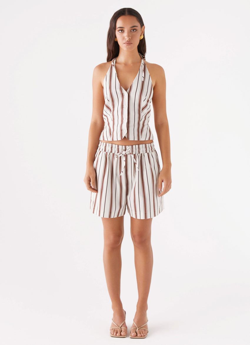 Kristen Linen Drawstring Shorts - Brown Stripe