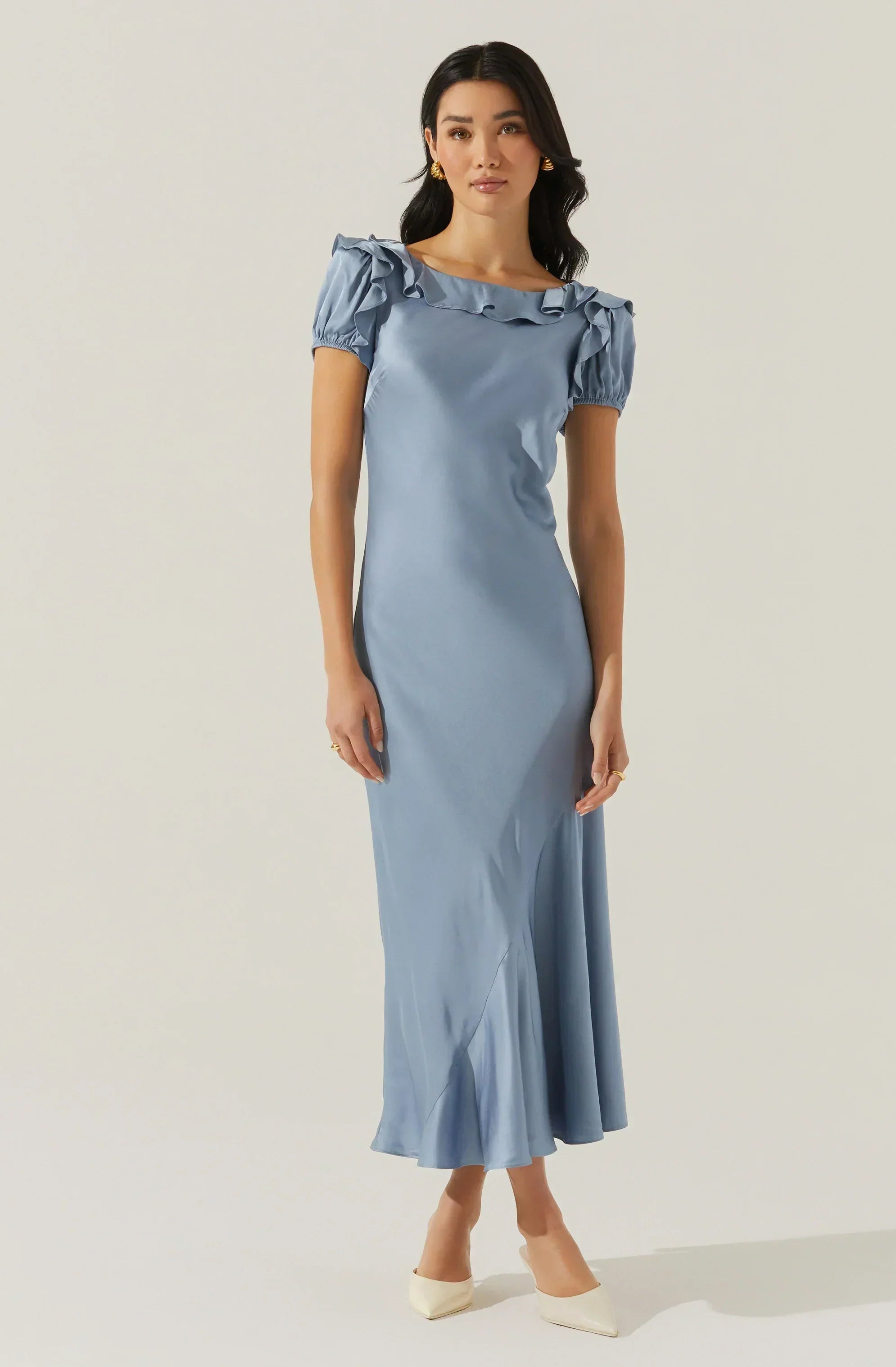 Auden Satin Ruffle Midi Dress