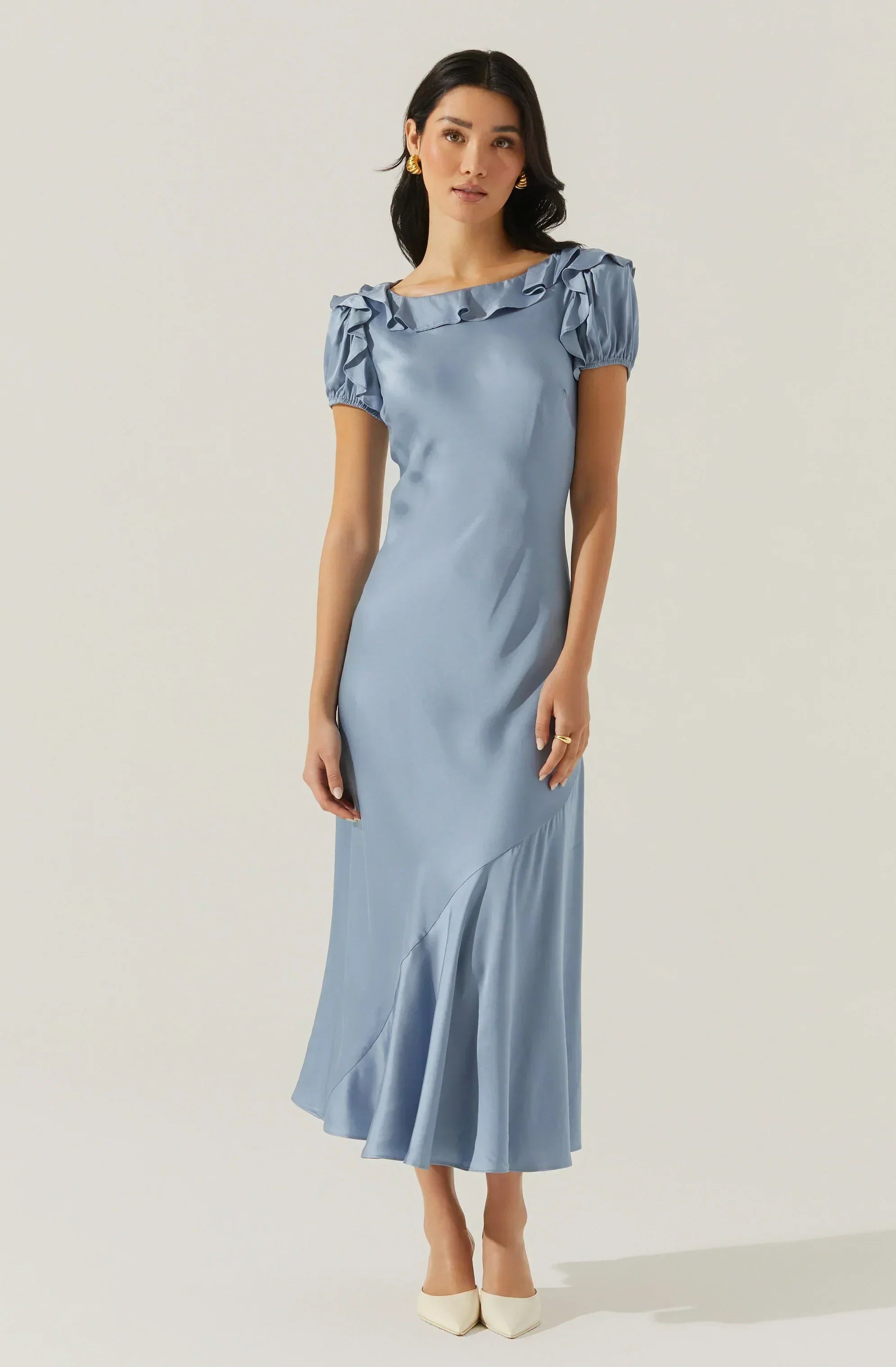 Auden Satin Ruffle Midi Dress