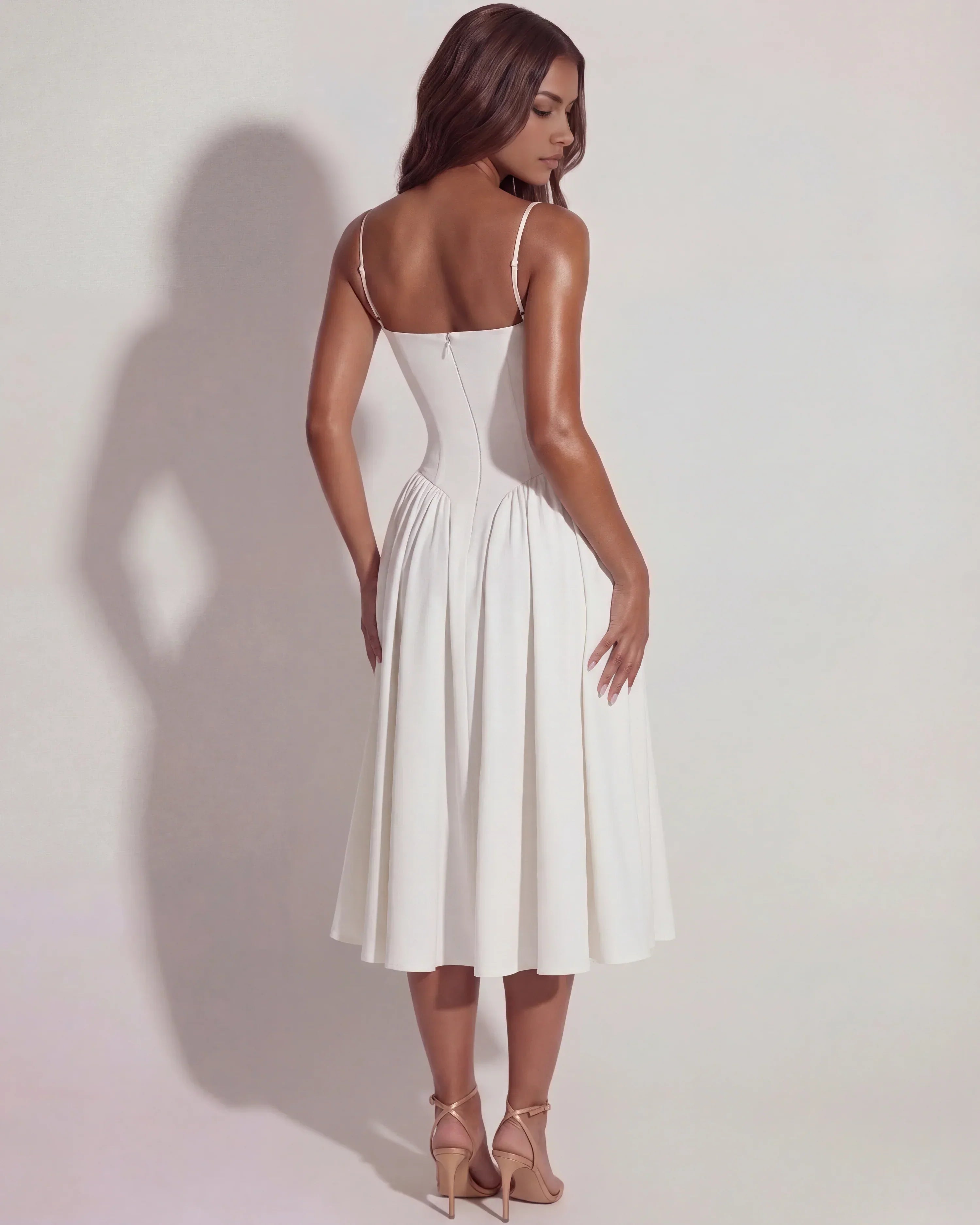 White Midi Dress With Sweetheart Neckline And Hidden Pockets