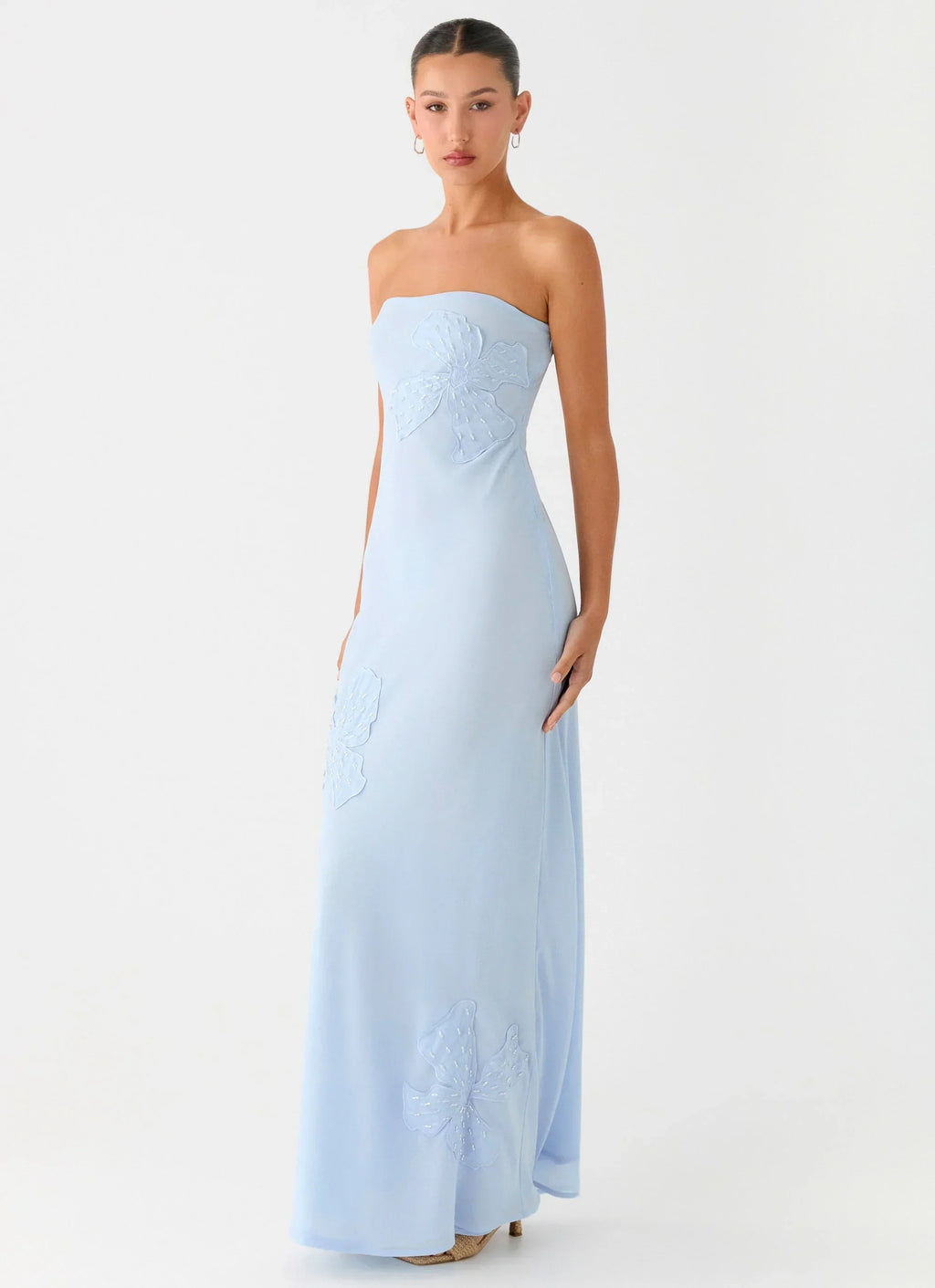 Sassafras Beaded Flower Strapless Maxi Dress - Blue