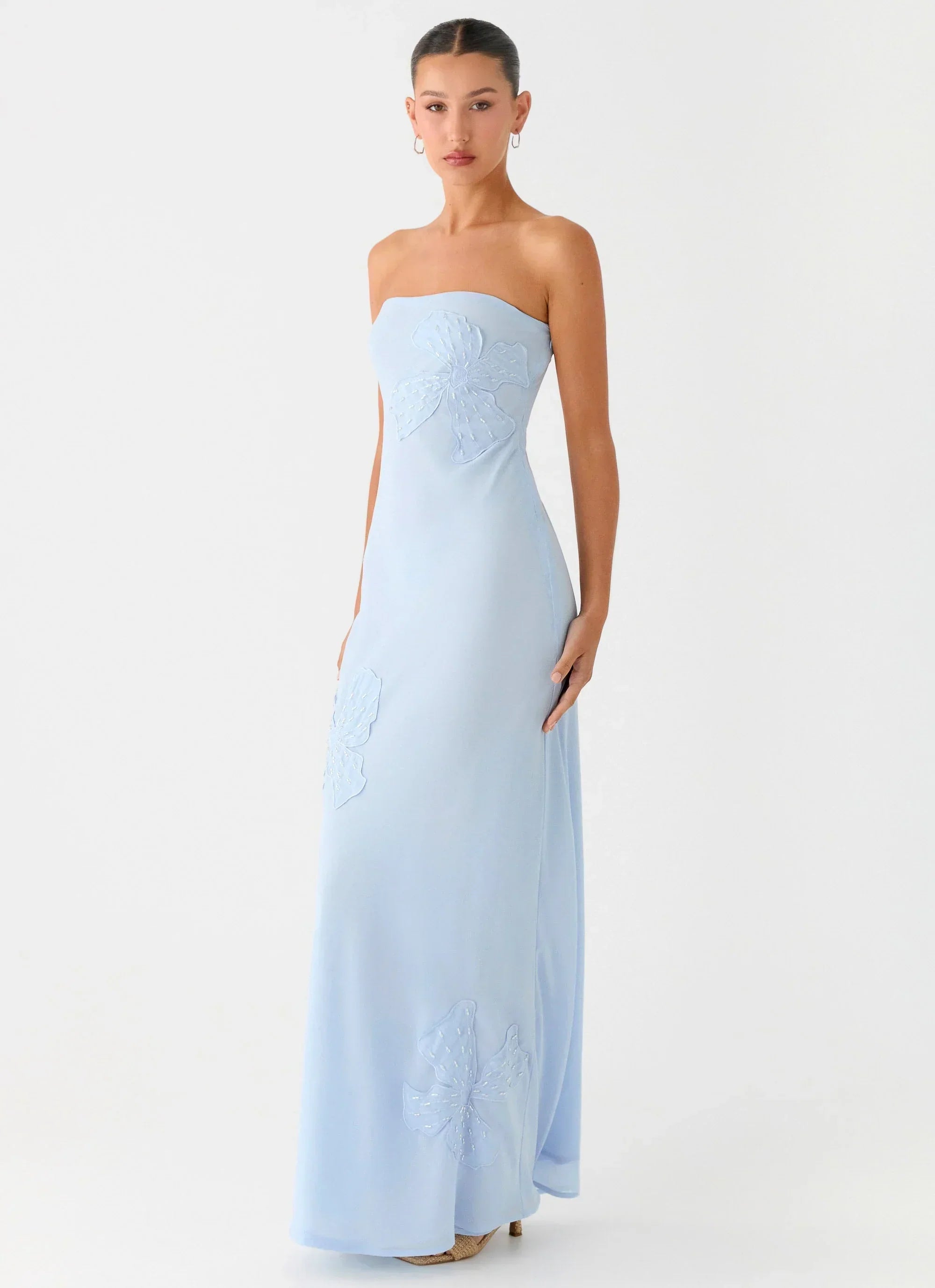 Sassafras Beaded Flower Strapless Maxi Dress - Blue