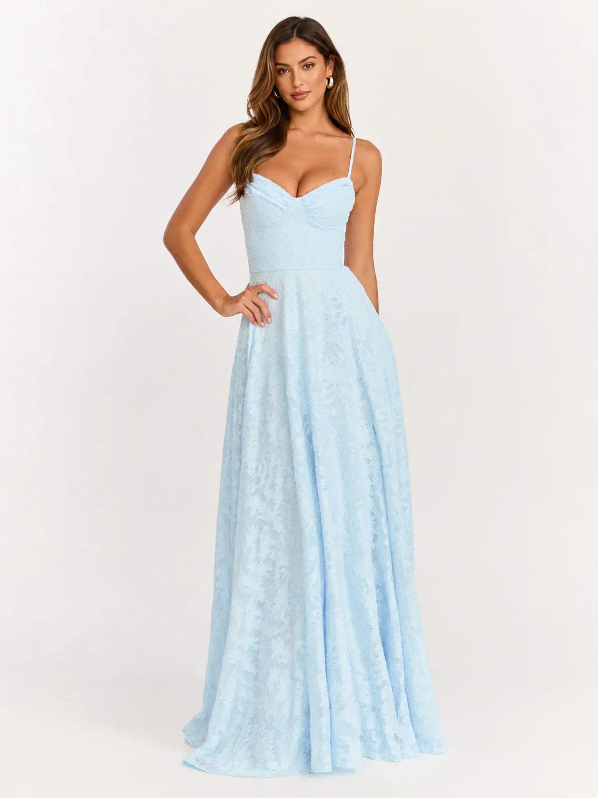 Rachel Maxi Dress - Sweetheart Neckline Jacquard Front Split Dress In Ice Blue