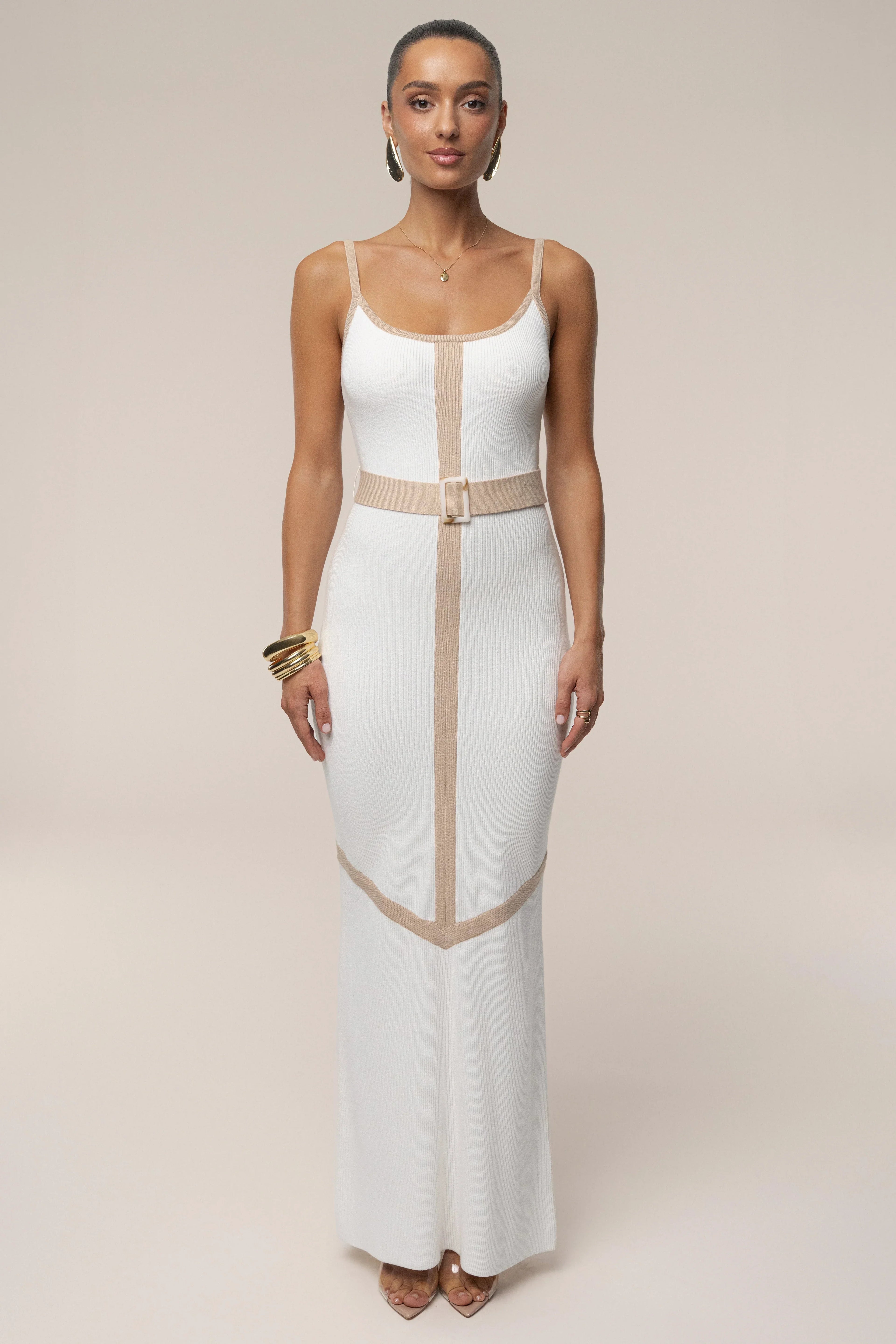 Ivory Beige Belted Cami Maxi Dress