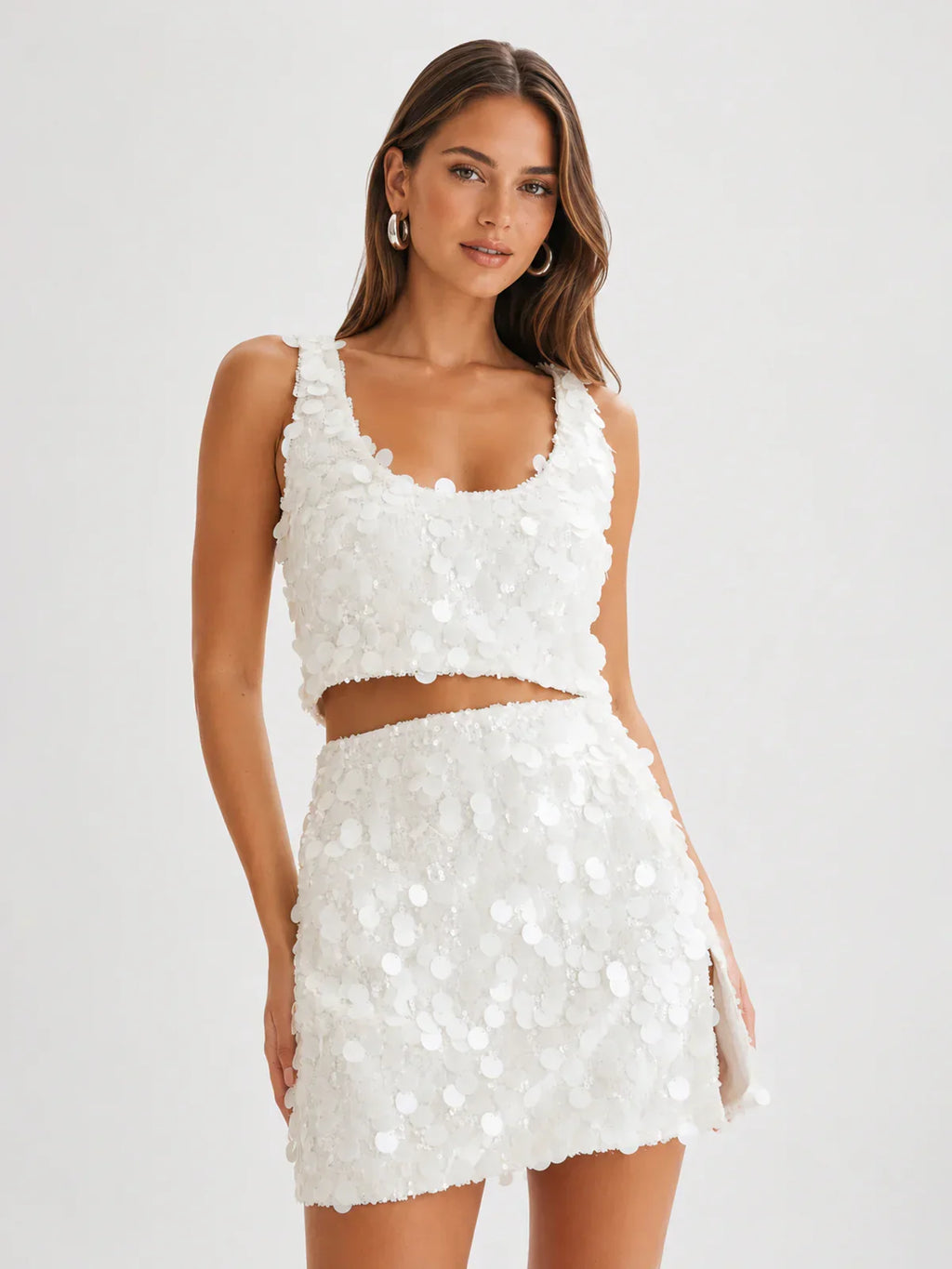 Maude Transparent Sequin Racer Crop Top - Ivory