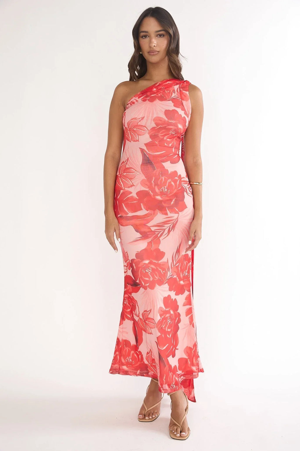 Ilyse Scarf One Shoulder Maxi Dress Floral Red