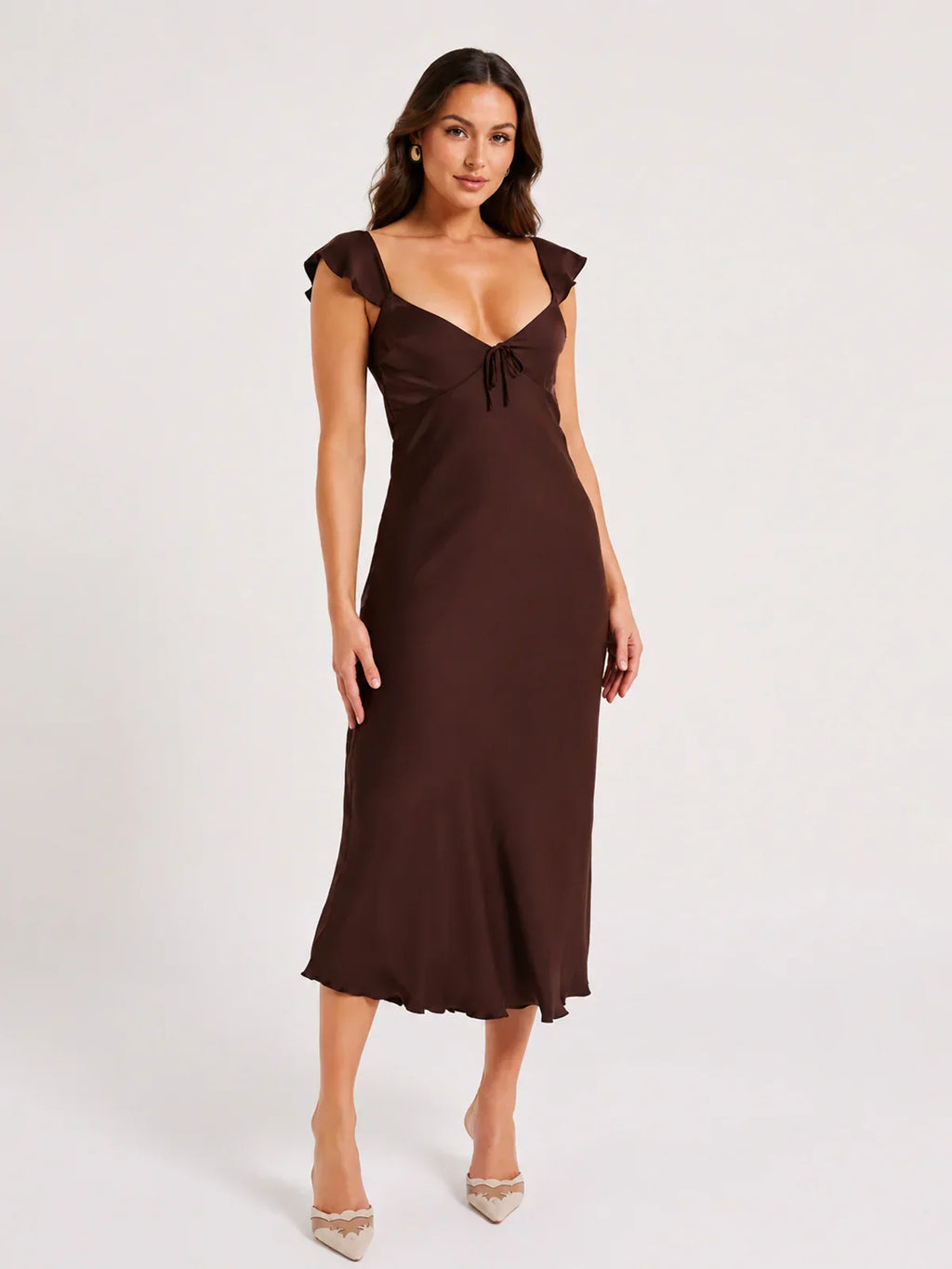 Chantal Short Sleeve Satin Midi Dress - Dark Chocolate