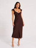 Chantal Short Sleeve Satin Midi Dress - Dark Chocolate